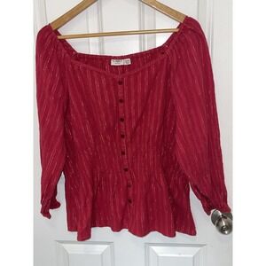 Women's CATO Woman Red Top Square Neck w/ Elastic Waist Metallic Accents 22/24W